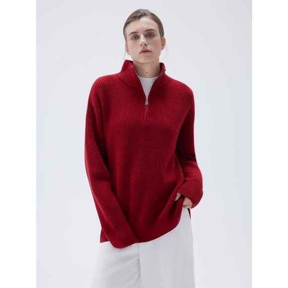 Women Red Oversized Cashmere Collared Ribbed Long Sleeve Sweater - Picture 2 of 7